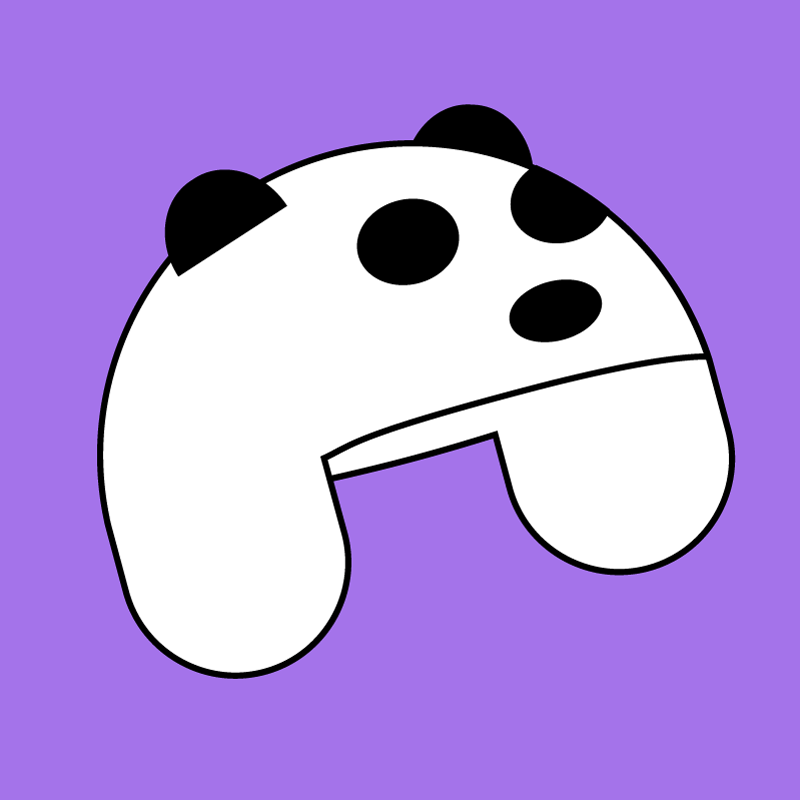 A panda hat with ear flaps on a purple background.